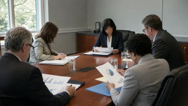 Cinco profesionales anónimos del sector financiero y de la administración pública analizan gráficos alrededor de una mesa de reuniones sin logotipo, bajo la luz natural del día.