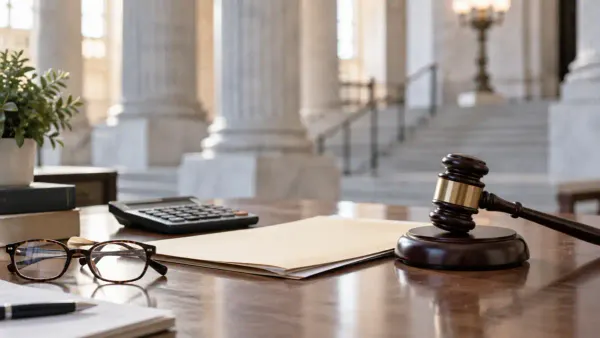 Generic legal and financial review scene with a gavel, calculator, glasses and unmarked documents