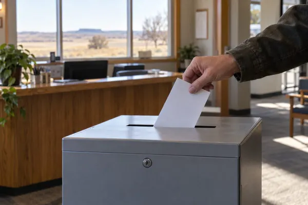 An anonymous voter places an unmarked ballot into a neutral ballot box in a county office.