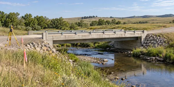 A concrete rural bridge over a prairie creek with survey equipment beside the road in South Dakota