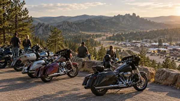 Unbranded motorcycles at a Black Hills overlook above a rally area in South Dakota.