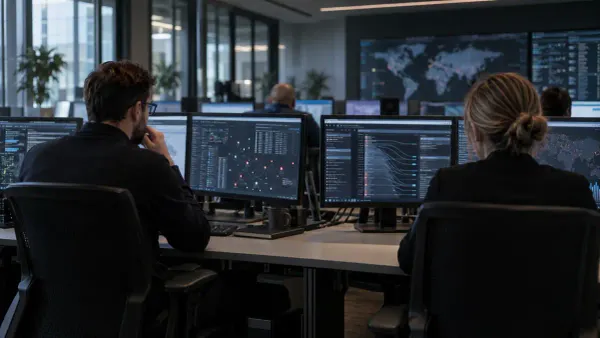 Cybersecurity analysts monitor unbranded workstations in a neutral security operations center.