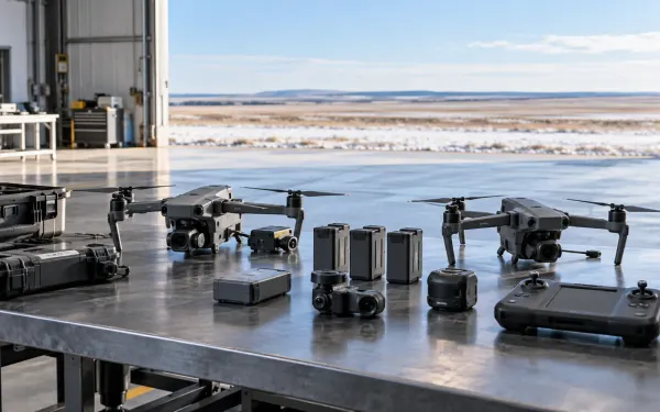 Two professional drones and technical equipment arranged on a hangar workbench