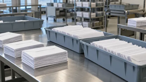 Blank sealed envelopes arranged in sorting trays on a mail-processing table