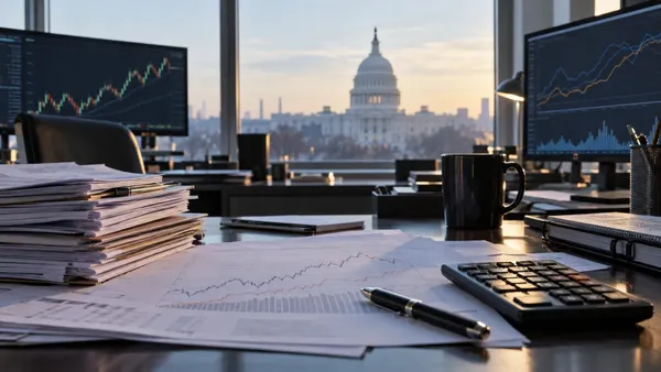 Una mesa de negociación de bonos con gráficos de mercado y el Capitolio de Estados Unidos visible por una ventana al…