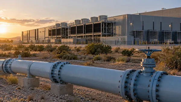 Illustrative view of an anonymous data center and water pipeline in a dry Texas landscape