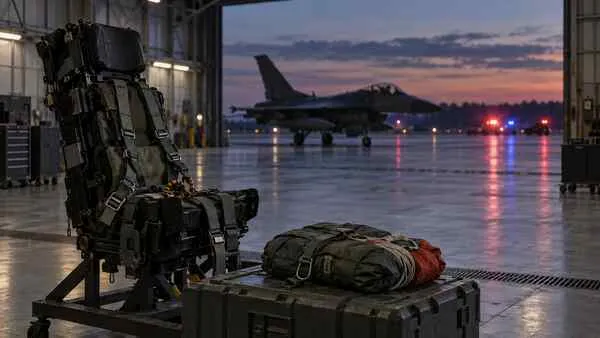 Symbolic editorial scene of an empty fighter-pilot ejection seat and parachute equipment inside a military aircraft hangar.
