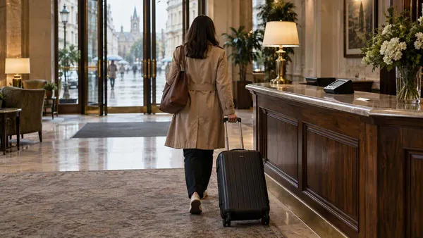 Un viajero no identificado arrastra una maleta por el vestíbulo de un hotel británico sin marca visible en un día lluvioso.