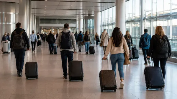 International travelers walking through a modern U.S. airport arrivals hall in soft natural daylight