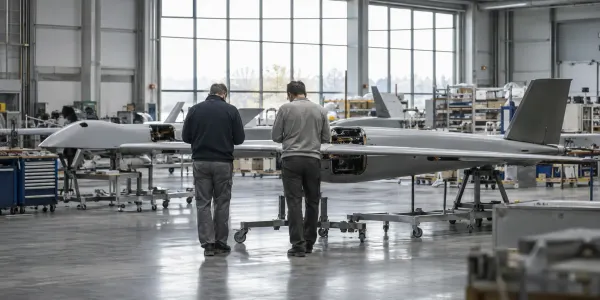 Two technicians inspect unbranded unmanned-aircraft components on a neutral aerospace factory floor.
