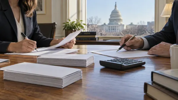 Personal del Congreso revisa cifras presupuestarias en un escritorio, con el Capitolio de Estados Unidos visible a través…