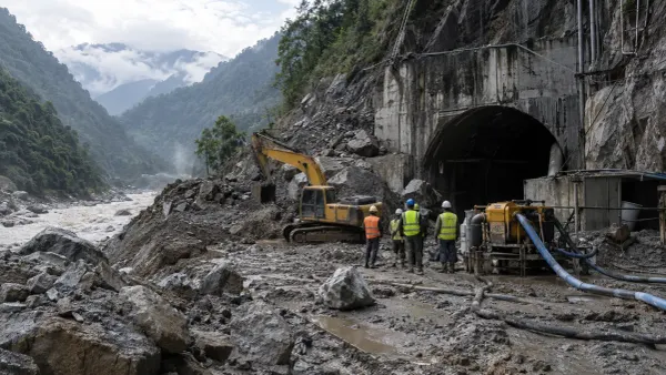 Equipos de rescate junto a la entrada de un túnel hidroeléctrico dañado por el lodo en un escarpado valle fluvial de Nepal.