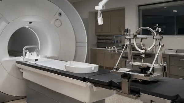 Sala de neurocirugía guiada por resonancia magnética vacía, preparada para una intervención cerebral de precisión bajo la iluminación neutra del hospital