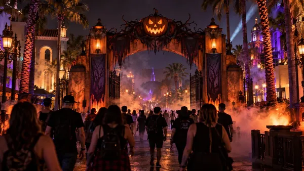 Visitors enter a fog-filled Orlando theme park decorated for a nighttime Halloween event.