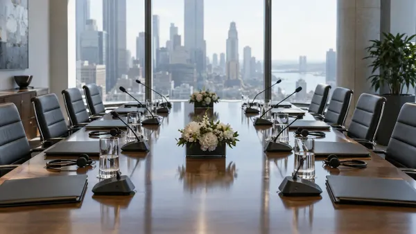 An empty conference table prepared for two delegations in a Manhattan meeting room.