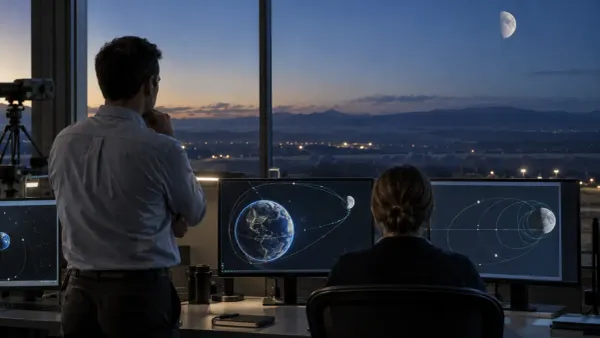Two space-operations analysts review Earth-to-moon orbital paths in an unbranded control room.