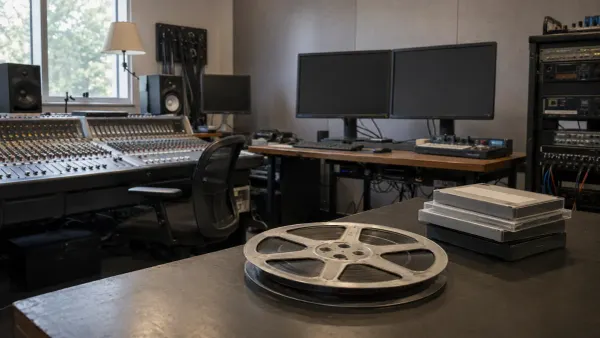 Empty professional post-production studio with an audio console, dark editing monitors and a film reel