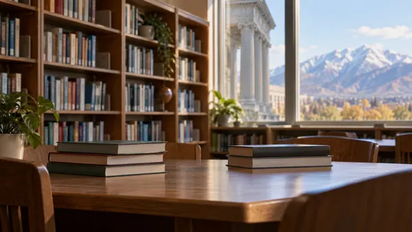 Closed books on a school library table with courthouse columns and Utah mountains beyond the window.