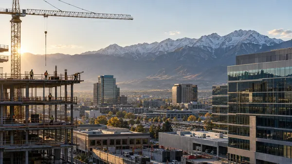 An unbranded Utah employment scene at dawn with commercial construction, modern offices, distant workers and the Wasatch Mountains in the background.