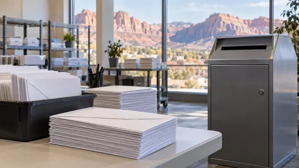 Conceptual election workspace with blank ballot envelopes and a secure drop box against a Utah red-rock landscape