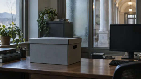 A closed archival records box on a desk beside a blank computer monitor, with a courthouse corridor beyond frosted glass.