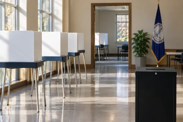 A quiet public voting room with privacy booths and a ballot box in soft morning light.