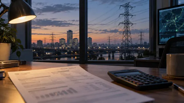 An unbranded electricity bill and calculator with power lines visible through an office window at dusk.