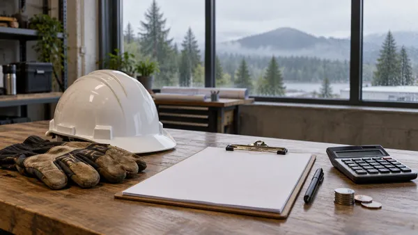 Safety helmet, work gloves, clipboard and calculator on a workshop desk with a rainy Pacific Northwest landscape outside
