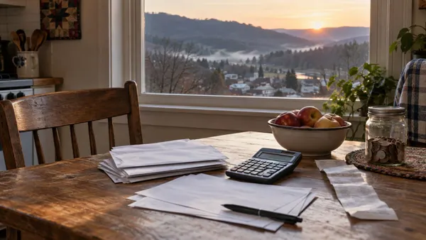 Conceptual household budget scene with bills, calculator and groceries on a kitchen table overlooking an Appalachian valley