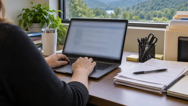 An anonymous staff member uses a laptop beside organized paperwork in an Appalachian office.