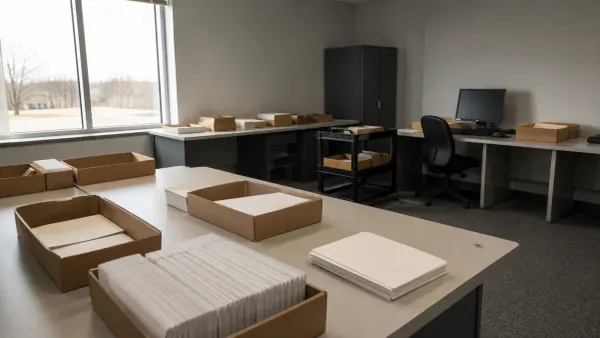 Unbranded election office workspace prepared for processing mail ballot records