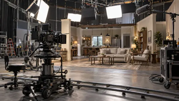 Una cámara de televisión sin marca y equipo de producción orientados hacia un set interior construido en un estudio de grabación profesional