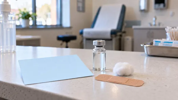 A generic vaccine vial, blank appointment card, cotton and bandages on a clinic counter.