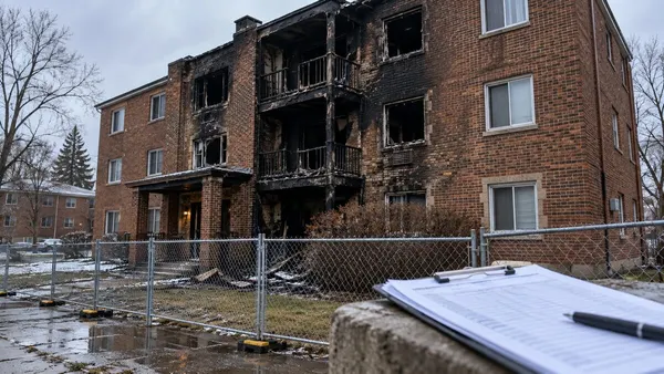 Fire-damaged brick apartment building behind safety fencing with an inspection clipboard in the foreground.