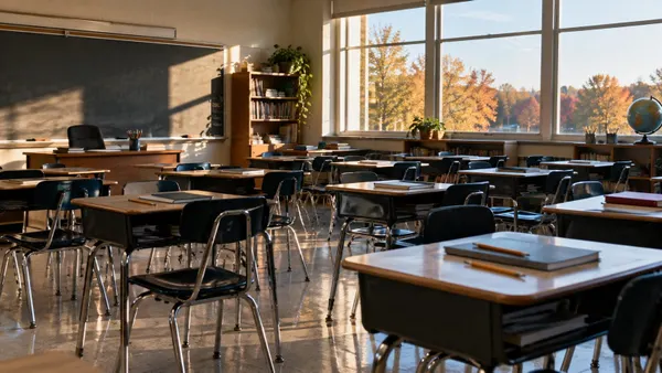An empty Wisconsin public-school classroom with desks, notebooks and soft autumn daylight.