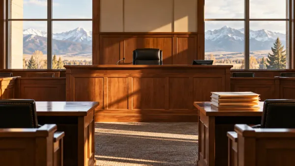 An empty wood-paneled courtroom with an unoccupied judge’s chair, blank folders on a counsel table and mountains visible through the windows.