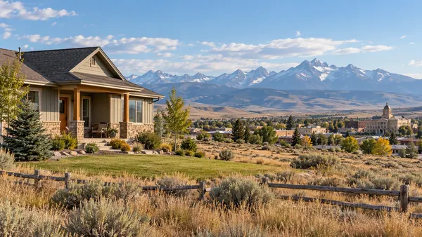 Illustrative view of a modest home in a Wyoming high-plains community with distant mountains.