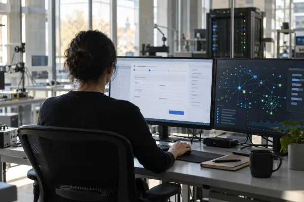 A safety engineer monitors abstract web form and network activity screens in a modern technology lab.