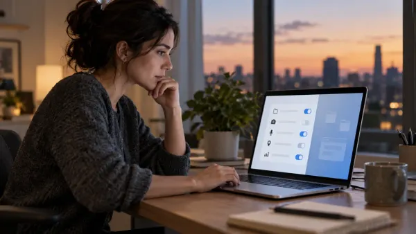 Sinusuri ng isang gumagamit ng laptop ang mga pangkalahatang kontrol sa pahintulot sa privacy sa isang home office.