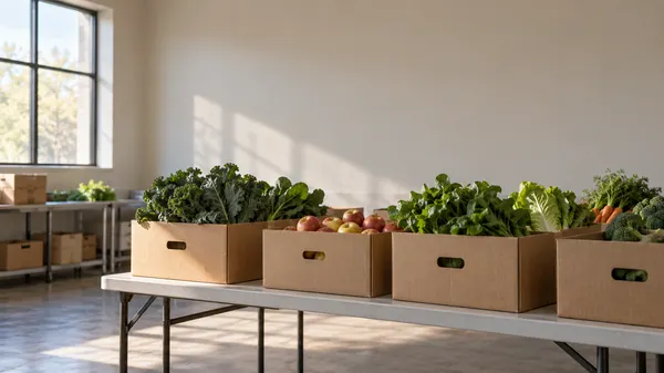 AI-generated editorial image of plain produce boxes in an unbranded community food distribution room.