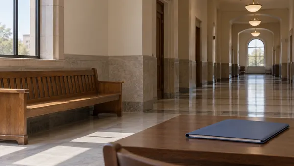 AI-generated editorial image of a quiet, generic courthouse corridor with an unmarked folder on a table.
