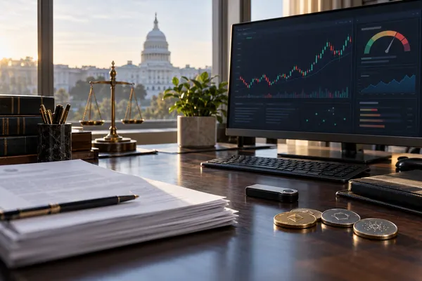 Financial compliance workspace with market-risk charts and digital asset tokens overlooking the U.S. Capitol