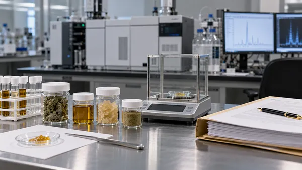 A federal laboratory analyzes concentrated botanical-derived compounds beside policy documents.