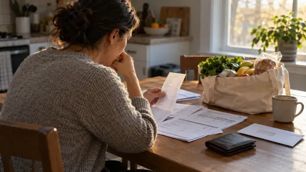 An illustrative scene of a voter reviewing household bills and a grocery receipt at a kitchen table.
