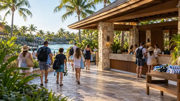 Os hóspedes chegam a um resort tropical genérico com tudo incluído na Flórida, de manhã cedo.