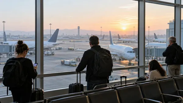 Travelers watch parked commercial aircraft from an airport terminal at dawn.