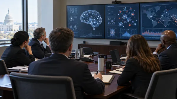 Federal officials and technical specialists review artificial intelligence risk visualizations in a Washington conference room.