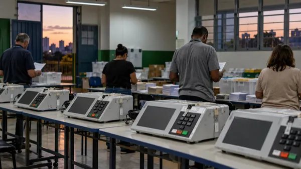 Sinusuri ng mga hindi nagpakilalang manggagawa sa halalan ang mga materyales sa tabi ng mga selyadong elektronikong terminal ng pagboto sa isang presinto sa Brazil pagkatapos bumoto.