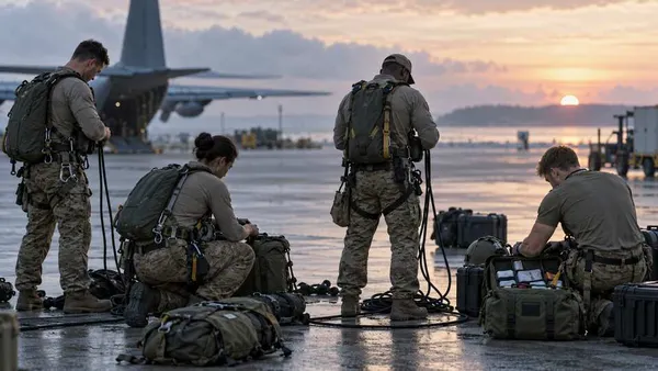 Four unmarked special-operations personnel prepare rescue ropes, parachute packs and medical equipment on an airfield at dawn.