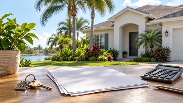 Illustrative Florida home with a house key, calculator and blank property-assessment papers on a table.